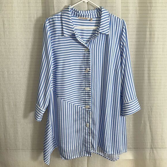 Soft Surroundings 1X On Pointe Palace Blue White Striped Button Details Tunic - Picture 8 of 16
